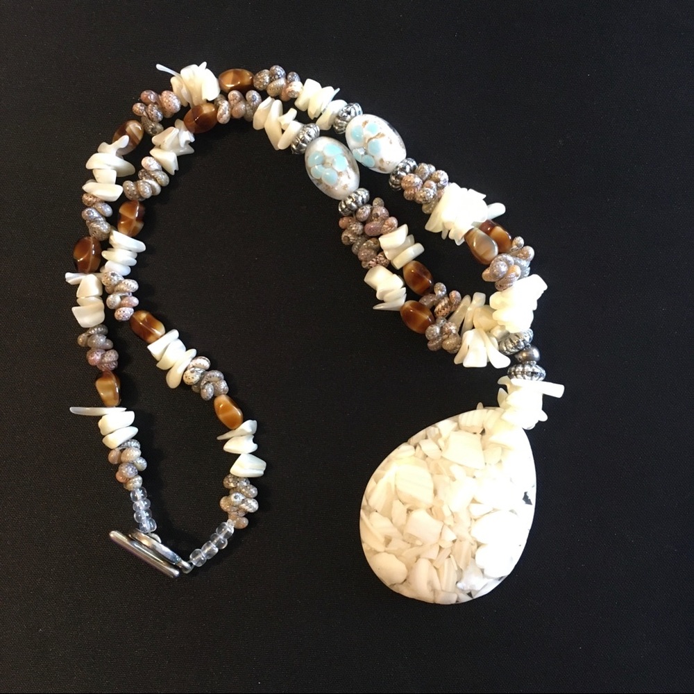 Sea Shell, Glass & Agate Necklace w/Sterling Clasp